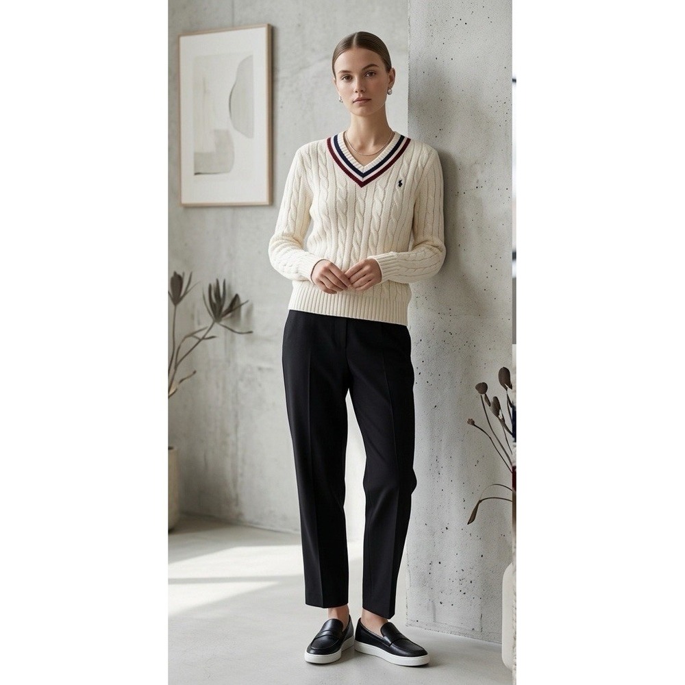 Polo Ralph Lauren Sweater Youth L Cable Knit V Neck Cricket Tennis Preppy Japan
